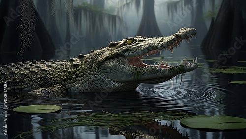 Large crocodile with open mouth in murky swamp water with lily pads