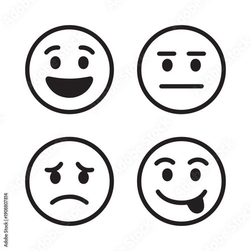 Four simple black and white facial expression icons are shown