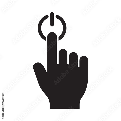 Hand pressing a power button icon in black and white