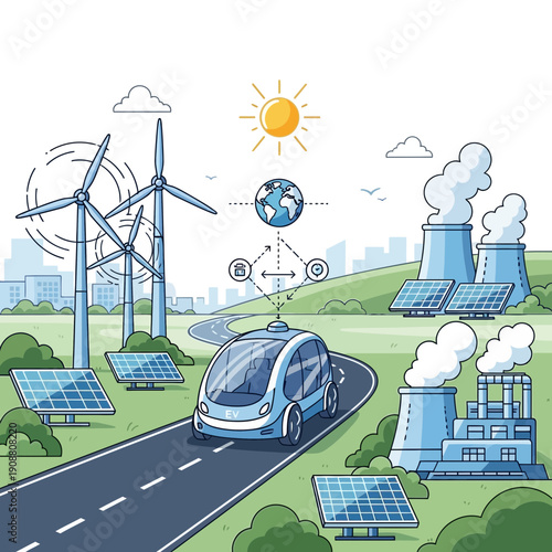 Eco-friendly futuristic city with renewable energy sources and autonomous car