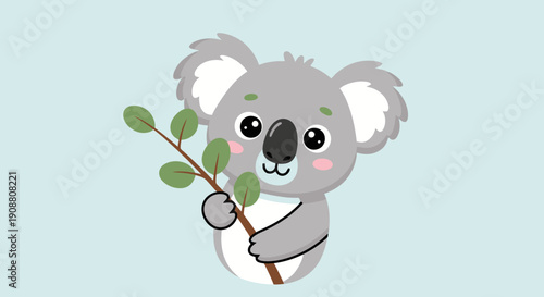 Cute cartoon koala holding eucalyptus leaves illustration.