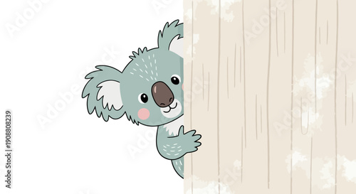 Cute cartoon koala peeking from behind a tree trunk.