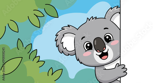 Cute cartoon koala peeking from behind a white blank space.