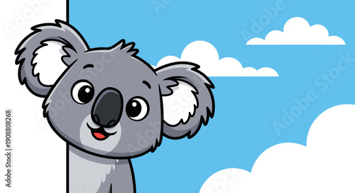 Cute cartoon koala peeking from the side with a blue sky background.