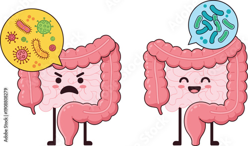 Cute intestine characters showing healthy and unhealthy gut bacteria comparison for digestion education microbiome awareness medical illustration and probiotic health concepts