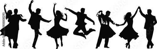 Dancing couple silhouettes showing energetic movement and elegant choreography poses for dance performance art, celebration illustrations, creative design and entertainment projects