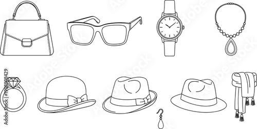 Fashion accessories line icon set, handbag sunglasses watch jewelry hat scarf ring necklace minimalist outline vector illustration collection
