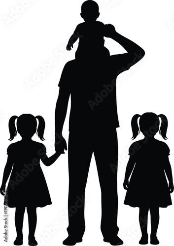 Father with children silhouette illustration, dad holding baby on shoulders with two daughters, family relationship graphic for parenting and love concepts