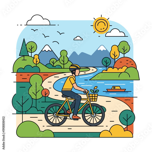 Man cycling on scenic nature path with mountains and river