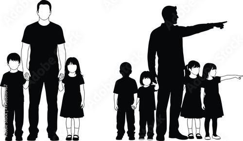 Father with children silhouette set showing family walking, pointing and standing together, parent and kids vector illustration for family concept design