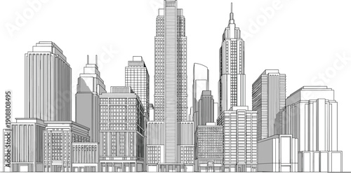 Detailed modern city skyline illustration featuring high-rise skyscrapers, urban architecture, office towers, metropolitan buildings, and downtown cityscape line art design