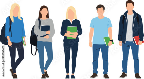 Group of diverse faceless students standing with backpacks and books, modern flat illustration of young people, education and campus lifestyle