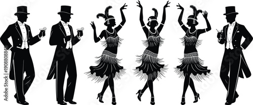 1920s flapper dancers and gentlemen in vintage tuxedos performing Charleston jazz party scene retro speakeasy illustration art deco themed vector design