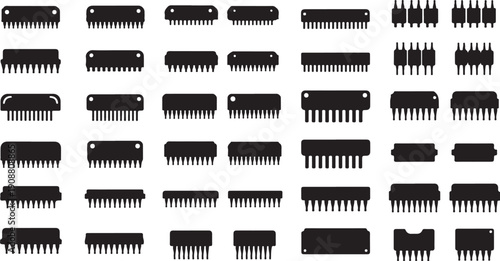 Collection of various black combs on white background