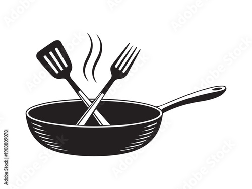 Black frying pan with crossed spatula and fork and steam skillet cooking kitchenware