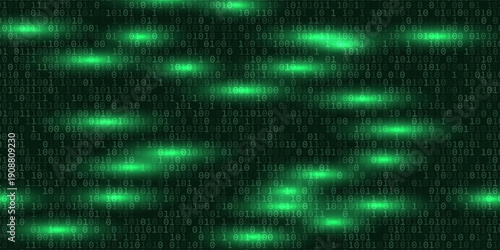 Vector digital code rain in a Matrix inspired futuristic style. High-tech backdrop with glowing binary characters. Binary Software Programming Code Background. Digital Data Technology Concept.