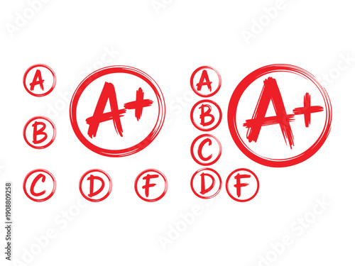 Red ink grades A B C D F and A+ on white background