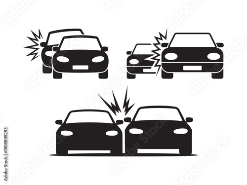 Three black car accident on white background crash collision impact traffic accident