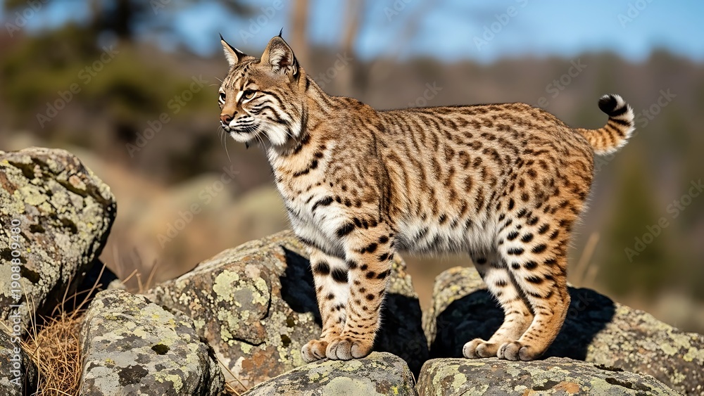 Obraz premium Majestic bobcat standing on rocky outcropping in wild