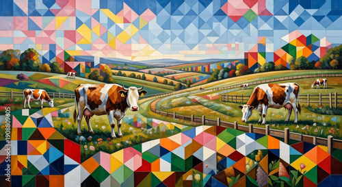 Multiple brown-and-white cows graze within a fenced green pasture featuring rolling hills, entirely rendered in a vibrant geometric mosaic design composed of multicolored polygons.
