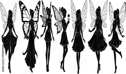 Fairy vector illustration, black silhouette artwork, fantasy character design, magical creature graphic, winged icon drawing, mystical pattern decorative style