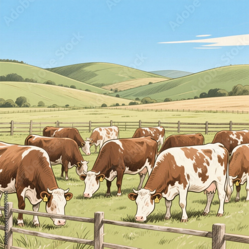 A flat, stylized illustration depicts brown-and-white cows with yellow identification ear tags grazing in a wooden-fenced green pasture, with soft rolling green and golden grassy hills