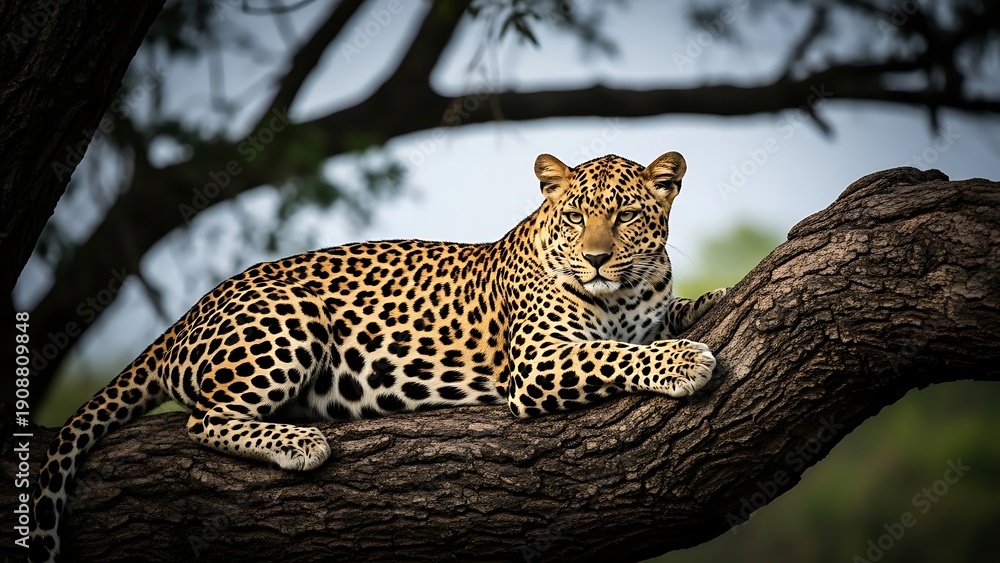 Fototapeta premium Majestic leopard resting on tree branch in forest