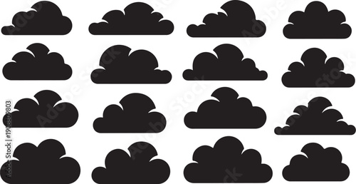 Collection of various black cloud shapes on white background