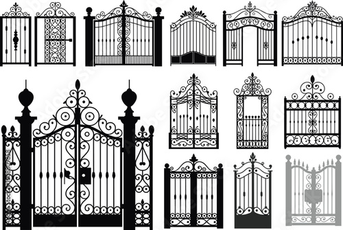 Decorative wrought iron gate silhouettes set, ornate vintage garden and entrance gates, luxury metal fence designs, architectural vector illustration collection elements
