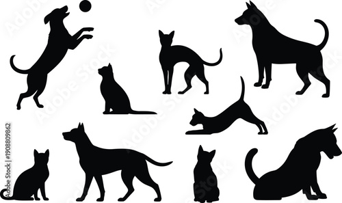 Dog silhouettes collection vector illustration, various pet canine poses including sitting standing jumping playing isolated black animal shapes set design pack
