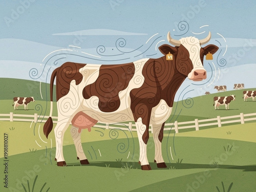 illustration of a large brown-and-white bovine with an orange ear tag in the foreground, with fences, two cattle, hilly green fields and clouds under pale blue sky.