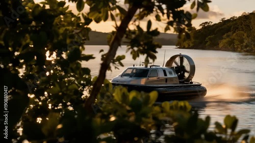 Medium frame of a hovercraft gliding gently over shimmering water during a scenic tour framed by lush greenery and tranquil surroundings.
