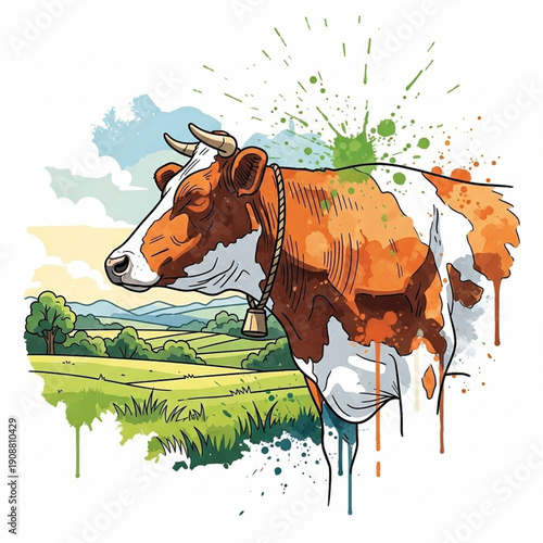 Watercolor-style illustration of a brown and white cow with a bell collar, set against a rural landscape with fields and hills, accented by paint splashes, drips, and ink outlines on white.