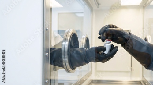 Person in black gloves handling a small vial with a red cap inside a clear laboratory glove box for sterile or hazardous material work.