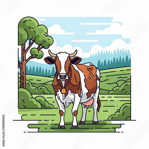 Vector-style illustration shows a brown-and-white horned cow with neck strap and bell tag centered in a green pasture, with tree at left, hills, and pine forest under clouds.