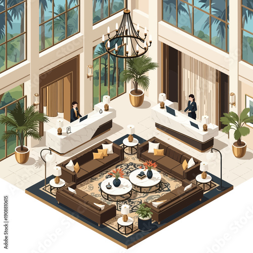 Luxury hotel lobby interior, isometric view, reception desks, seating area, plants, chandeliers