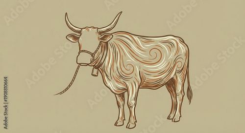 Flat vector illustration of a bull with swirling, textured fur patterns in beige and brown, featuring curved horns, a nose ring with rope, and a long tail, set against a neutral beige background.