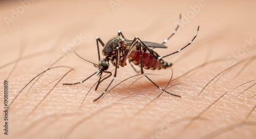 Mosquito resting on human skin or leaf, showing thin legs and long proboscis. A small flying insect known as a disease vector and common in tropical climates.