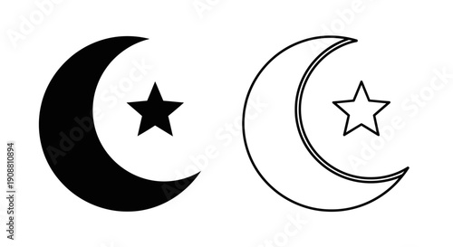 Vector black crescent moon and star icon, solid fill and outline versions, isolated on transparent background for religious or celestial design.