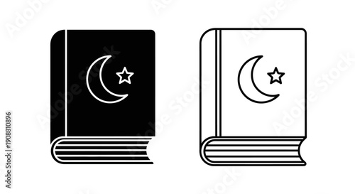 Vector black and white line art icons of a book with a crescent moon and star symbol, isolated on transparent background, suitable for Islamic cultural designs.