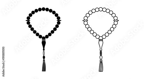 Vector black and outline Islamic prayer beads, rosary, tasbih, misbaha with tassel, isolated on white