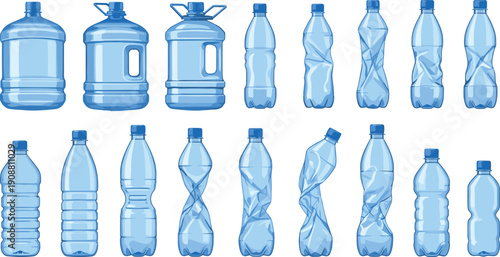 Plastic water bottle collection with crushed and clean designs, empty PET containers, recycling icons, hydration packaging set for eco and waste concepts