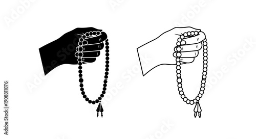 Hand holding prayer beads vector illustration, black silhouette and outline versions, rosary or mala beads, isolated on white