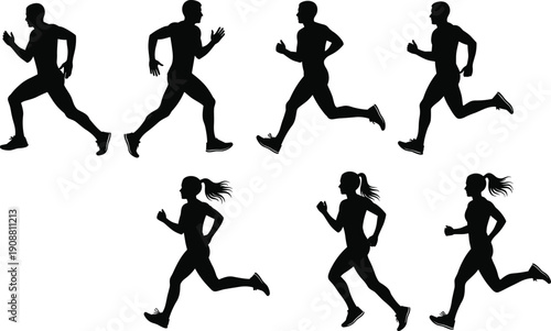 Running silhouette collection of male and female athletes jogging, sprinting and exercising in various poses for fitness, sports and training designs