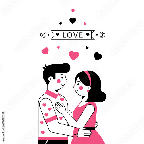 Couple Embracing with Love Hearts Surrounding Them.