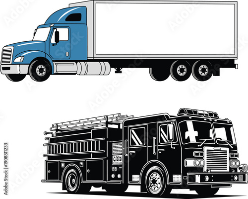 Semi truck and fire engine illustration showing detailed commercial transport and emergency vehicle design suitable for logistics, rescue, public safety concepts