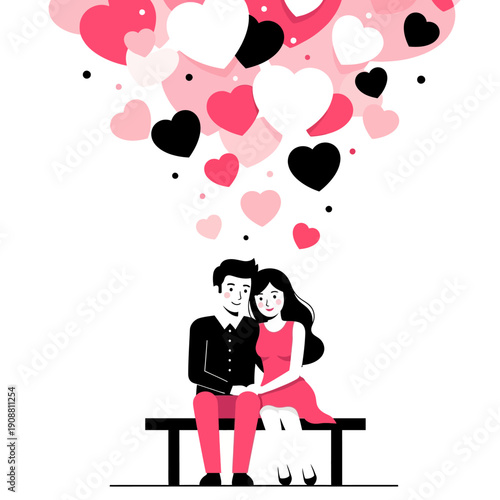 Couple sitting together on a bench surrounded by floating hearts.