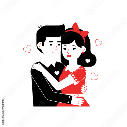 Illustration of a loving couple embracing with hearts.