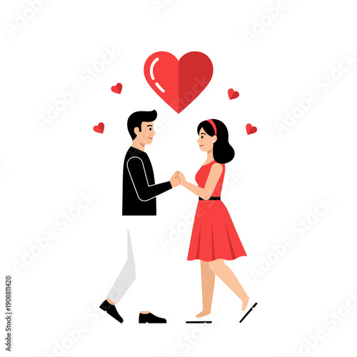 Couple in love walking together hand in hand with heart.