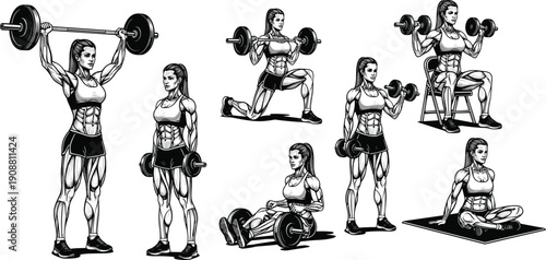 Strong female fitness illustration set with weightlifting, dumbbell exercises, muscle training, workout poses, bodybuilding woman drawings for gym and health design
